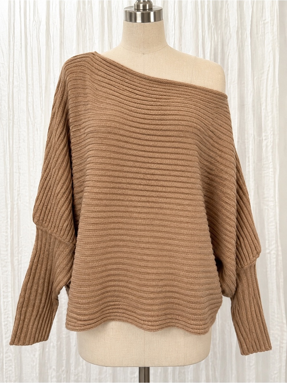 Off-Shoulder Ribbed Brown Women's Sweater